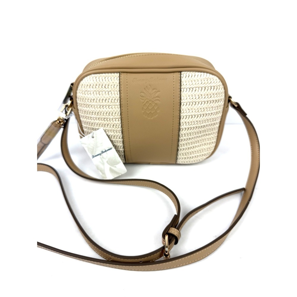Tommy Bahama Camera Crossbody Bag Raffia Tan Pineapple Logo Handbag NWT